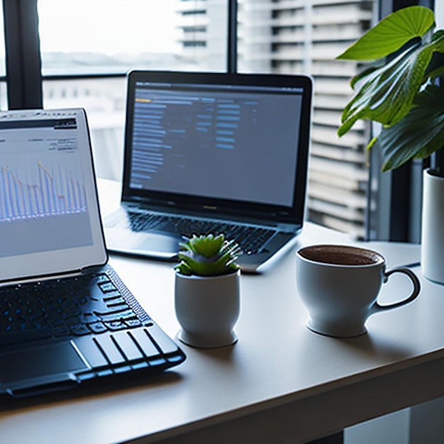 Werktafel met laptop, koffie en documenten in het interieur