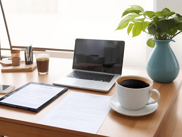 Werktafel met laptop, koffie en documenten in het interieur