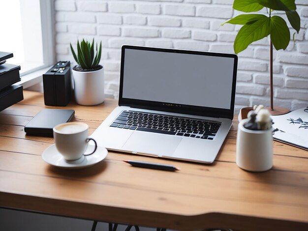 Werktafel met laptop, koffie en documenten in het interieur