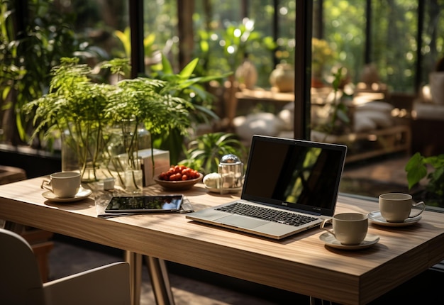 Werktafel met opengeklapte laptop en een plant