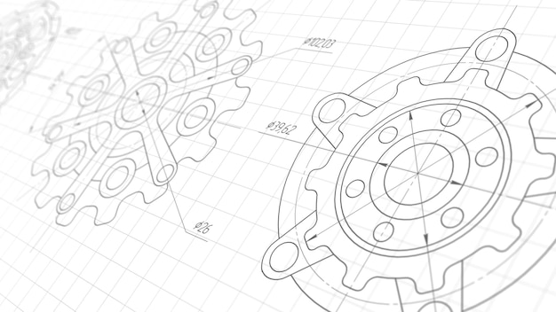 Foto werktuigbouwkundige achtergrond technische tekening van tandwielillustratie