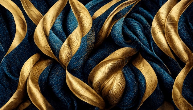 Foto wervelende gouden en blauwe glinsterende gouden vaste vloeibare golven ultrarealistische trillingen golffuncties gedraaide lijnen en texturen naadloos textiel fulldrop herhaald oppervlaktepatroon geometrisch