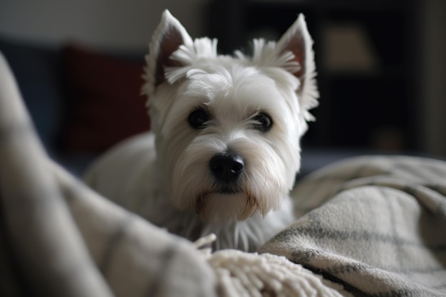 A west highland white terrier dog sits on a blanket.