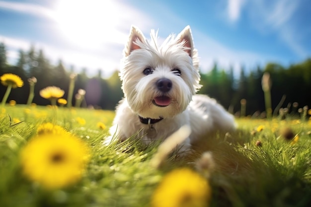 West highland white terrier on green grass with yellow flowers AI generated