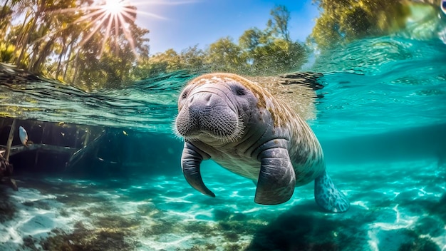 熱帯の海で水中を泳ぐニシインドマナティー