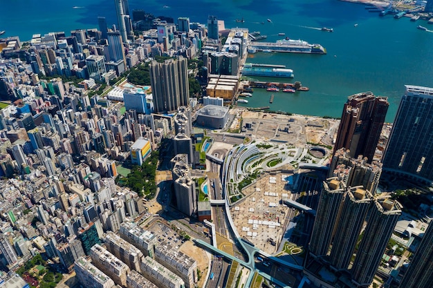 West Kowloon district, Hong Kong 10 September 2019: Top view of Hong Kong city