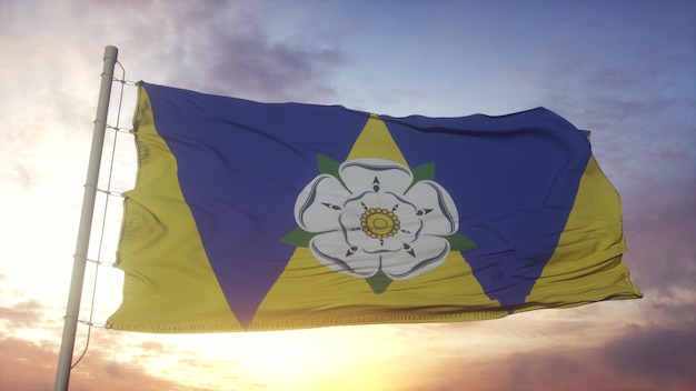 West Yorkshire flag, England, waving in the wind, sky and sun background. 3d rendering.