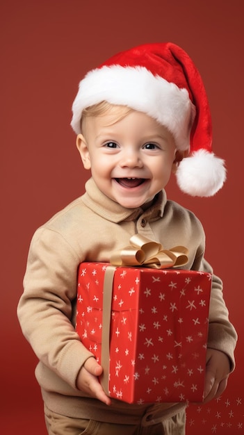 Western boy holding a Christmas giftbox