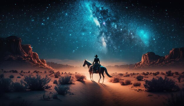 Foto western cowboy in sella al suo cavallo di notte sotto il deserto della galassia della via lattea