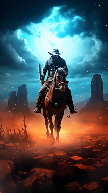 Western Cowboy rijdt zijn paard's nachts onder de Melkweg galaxy woestijn HDR anime scène