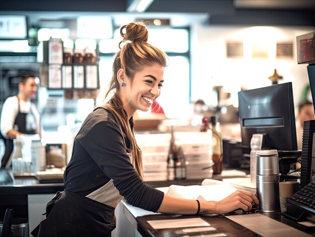 Photo western female barista working in the coffee shop in christmas