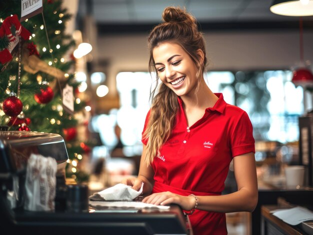 Foto barista femminile occidentale che lavora nel caffè a natale