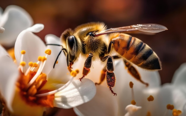 Western honey bee on white flower