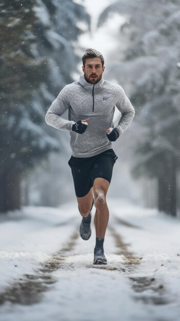 Фото Западный мужчина бежит по снегу, мужчина бегает.