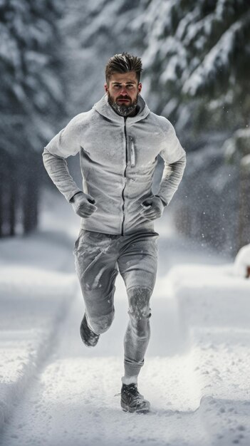 Western man running on the snow male runner