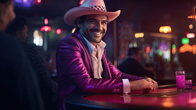 Western man sitting in the night bar