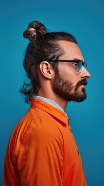 Western man with bun hair wearing glasses