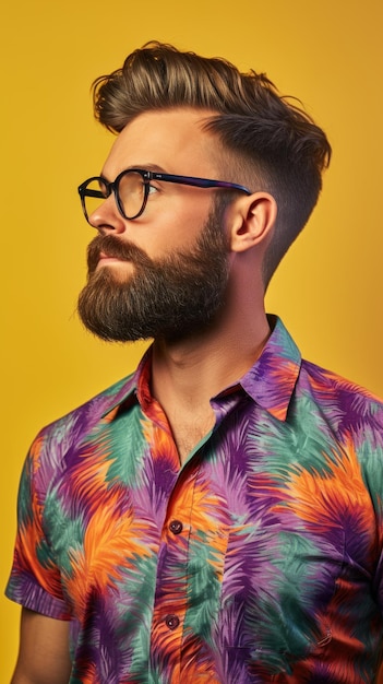 Western man with bushy beard wearing glasses colorful shirt