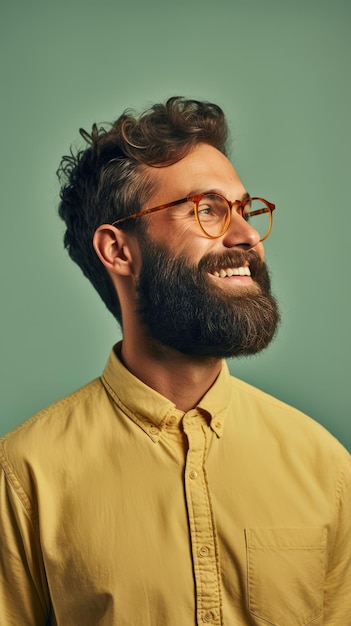 Western man with bushy beard wearing glasses