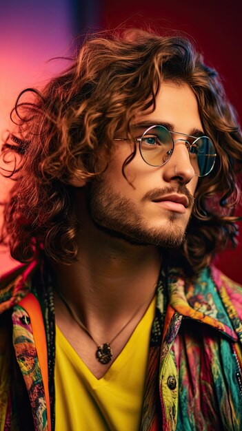 Western man with long curly hair wearing glasses