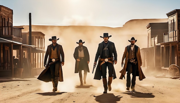 A western showdown in a dusty street two gunslingers facing each other