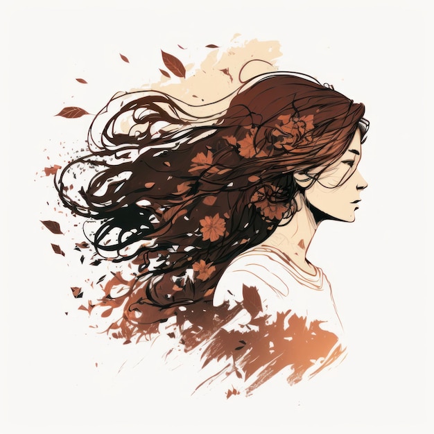 Photo western woman with flowers windy hair on white background generative ai