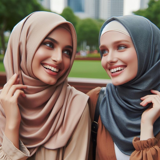 Foto donne occidentali che indossano l'hijab che chiacchierano in un parco della città