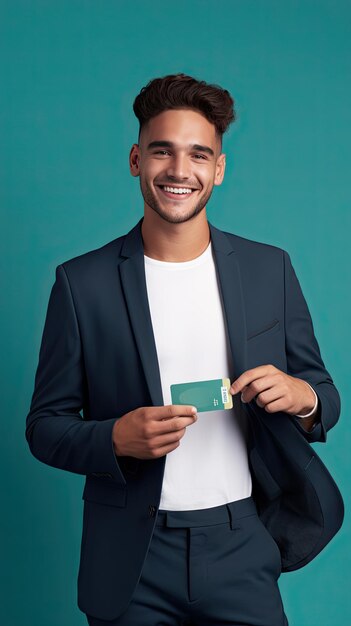 Western young man showing his credit card happy