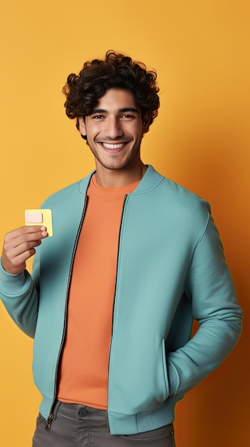 Western young man showing his credit card happy