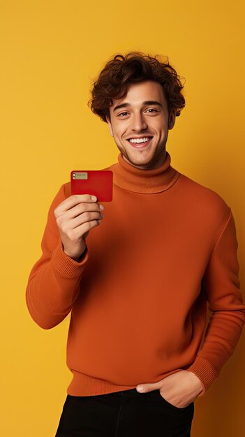 Western young man showing his credit card happy