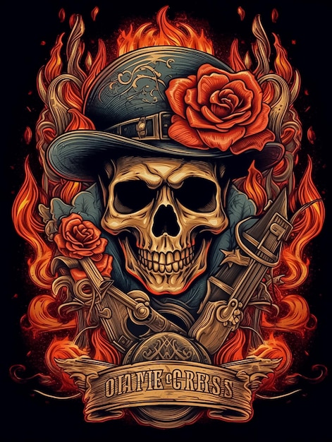 Westernstyle skull art with black background and red roses AI generated