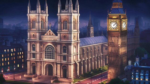 Westminster abbey and big ben at night london uk