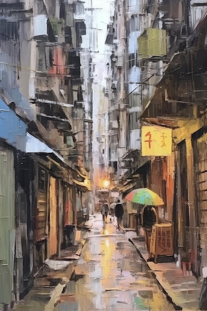 A wet alley lined with buildings