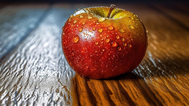 写真 木のテーブルの上に濡れたリンゴ 生成 ai