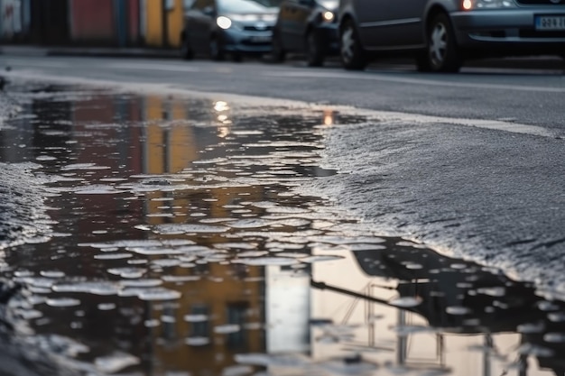 Wet asphalt after a heavy rain with puddles and reflections on the street