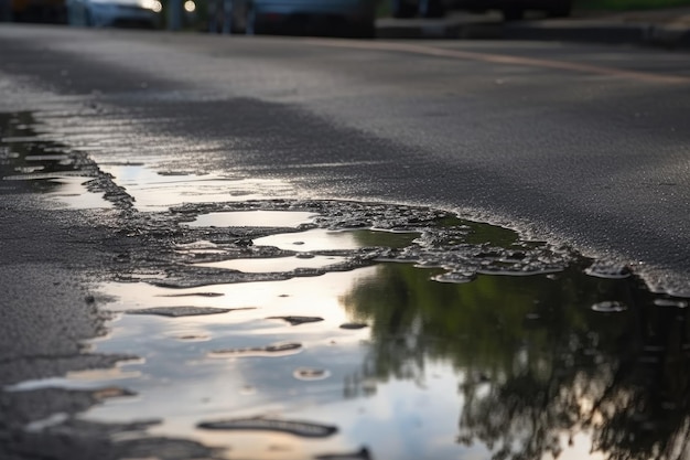 Photo wet asphalt after rain storm with puddles and reflections