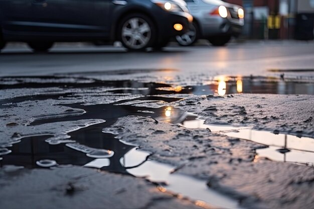 Wet asphalt after rain storm with puddles and reflections