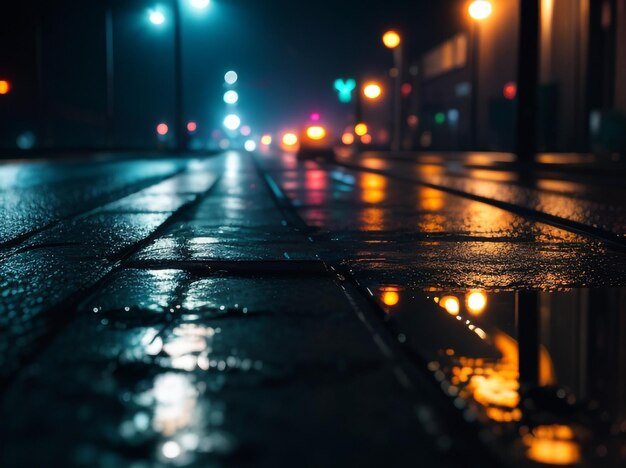 Photo wet asphalt neon lights reflection artistic product showcase