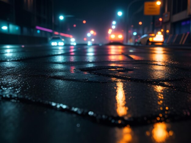 Photo wet asphalt neon lights reflection artistic product showcase