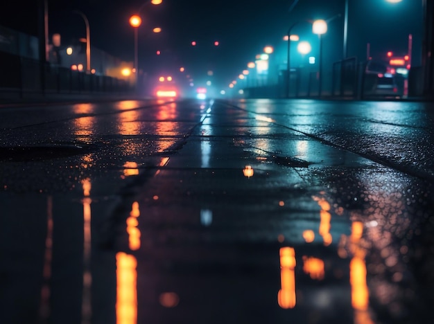 Photo wet asphalt neon lights reflection artistic product showcase