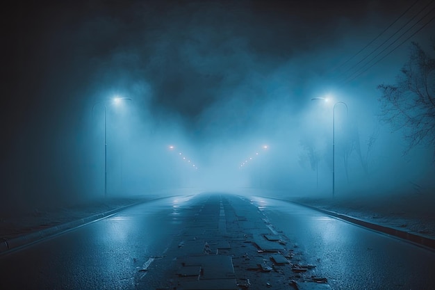 夜の街の濡れたアスファルト 青いフォグランプ イラスト ジェネレーティブ AI