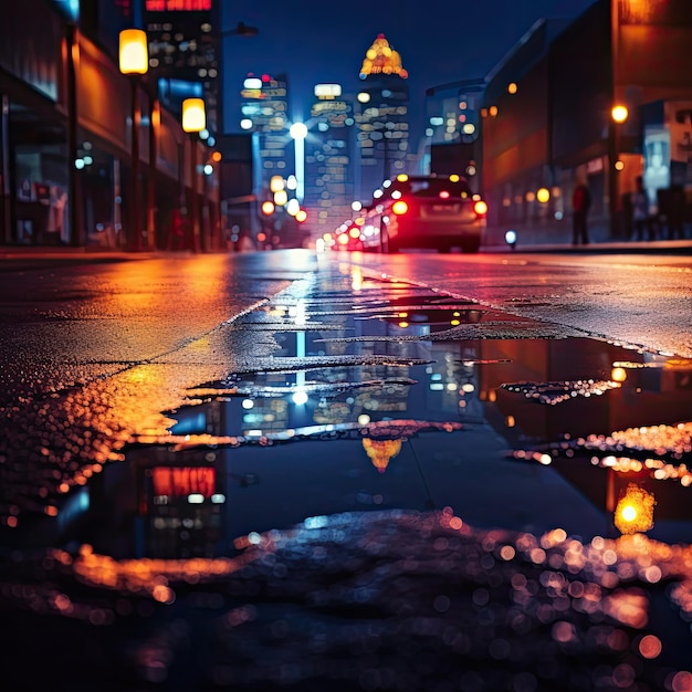 Мокрый асфальт ночной вид на город неоновые отражения
