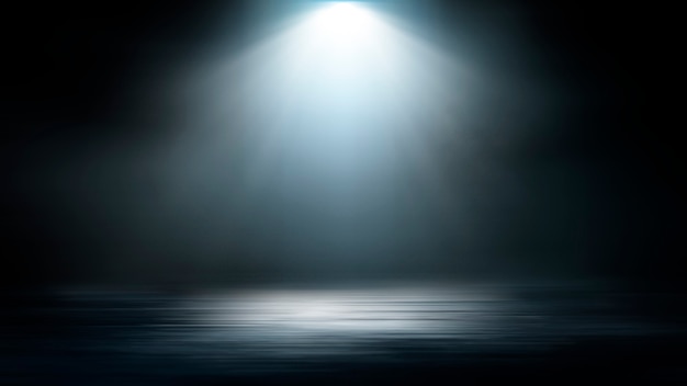 Фото Мокрый асфальт, отражение неоновых огней, прожектор, дым