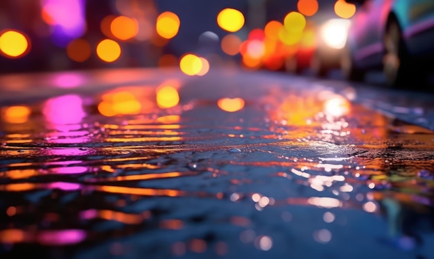 ネオンライトの湿ったアスファルト 背景はぼやけています 夜の灯の反射 道路の雨の背景は 生成的なAIツールで作成されています