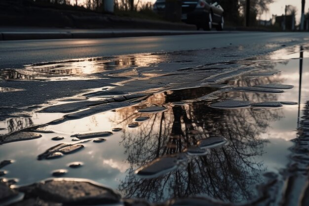 Wet asphalt with puddles and reflections of the sky creating a hypnotizing effect