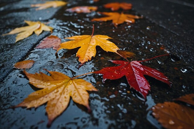 Влажные осенние листья на тротуаре