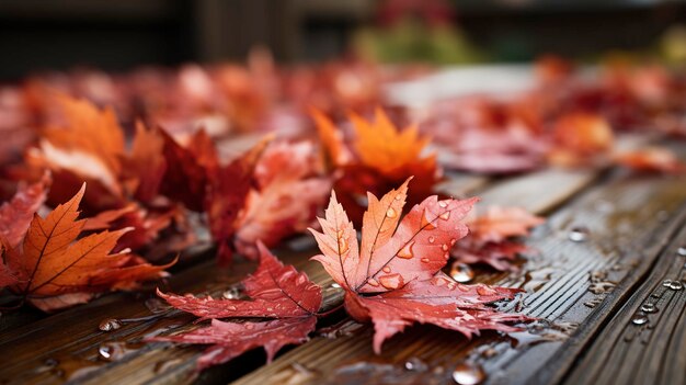 Foglie umide d'autunno su un pavimento di legno