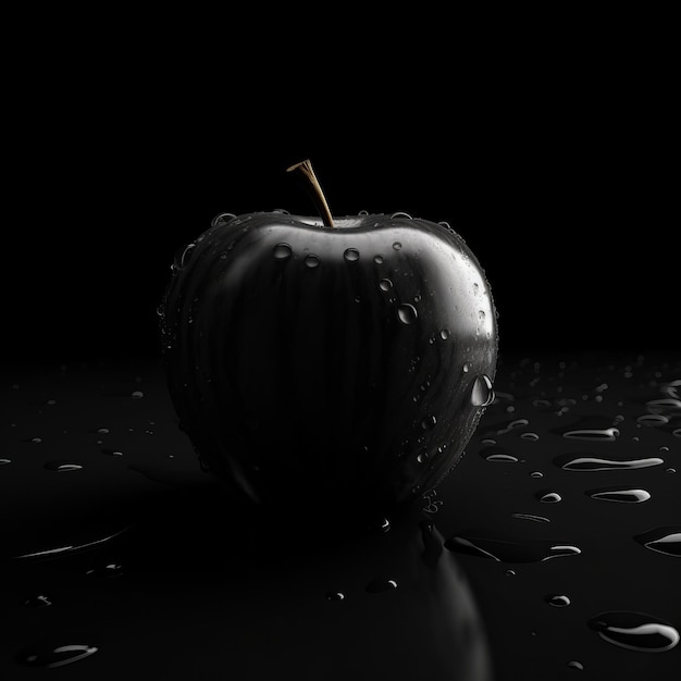 A wet black apple on black background generative AI