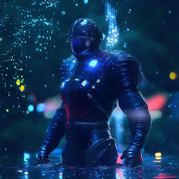 Wet Black armored suit with red and blue light reflections and rain on it