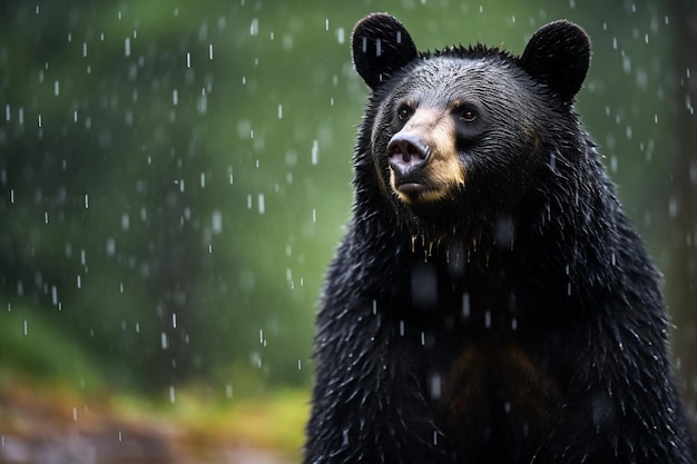 Wet black bear standing in the rain